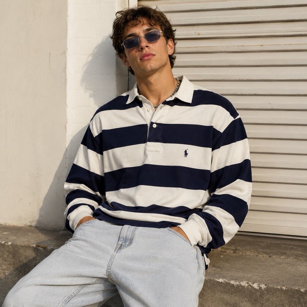 Vintage Polo Ralph Lauren Rugby Shirt Mens XXL Navy Wide Stripe Long Sleeve Y2k